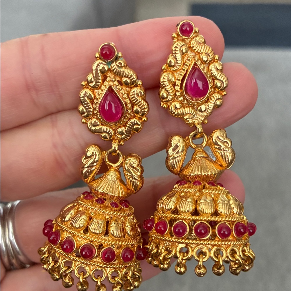 Bollywood Gold and Red Jhumka Earrings authentic from India!